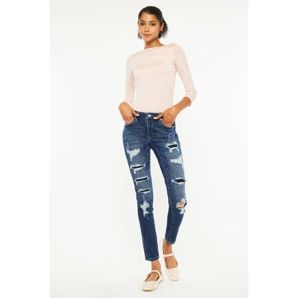 KanCan Tobie Mid Rise Distressed Ripped Super Skinny Blue Jeans Women's Size XL - Picture 1 of 9